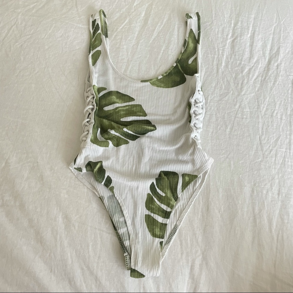 Monstera Leaf Print Ribbed Bodysuit
